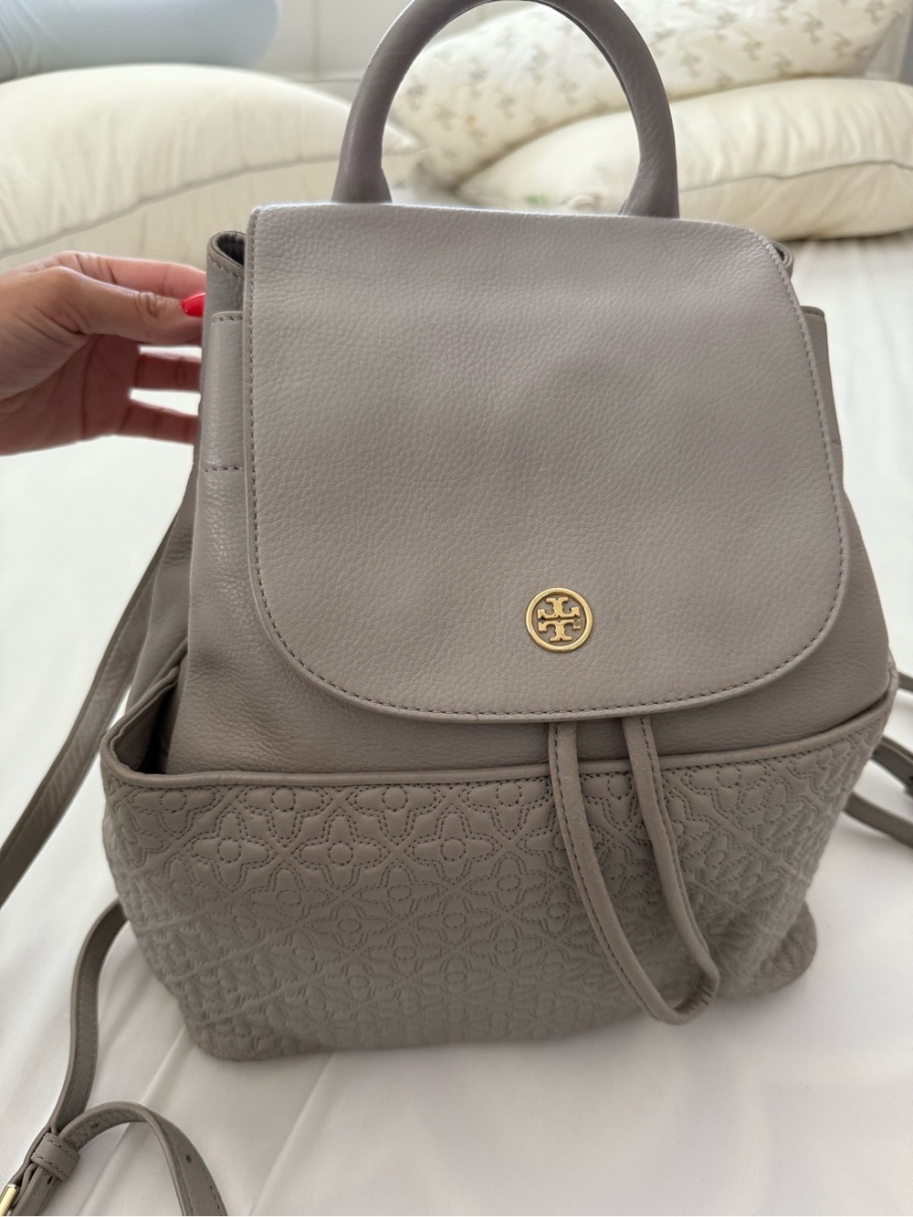 Tory Burch gray Leather Quilted Logo Backpack